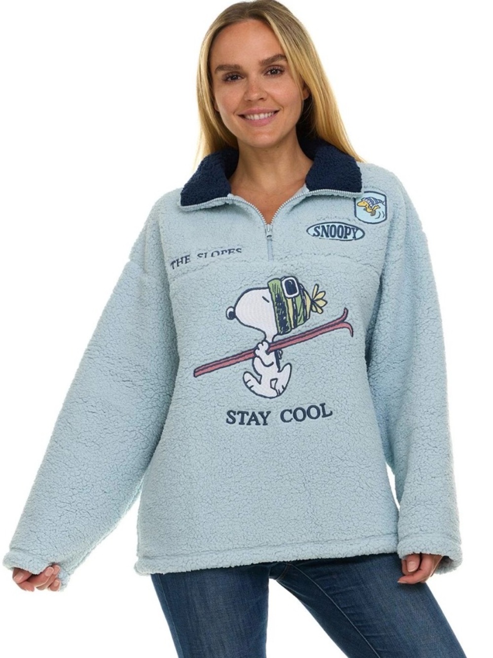 Peanuts Light Blue Sherpa Pullover with Snoopy Embroidery